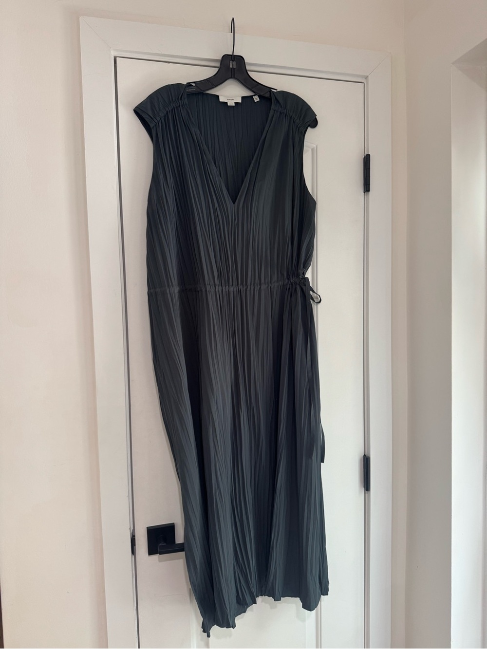 VINCE Pleated Satin Dress with cinched side tie waist in Tide Pool